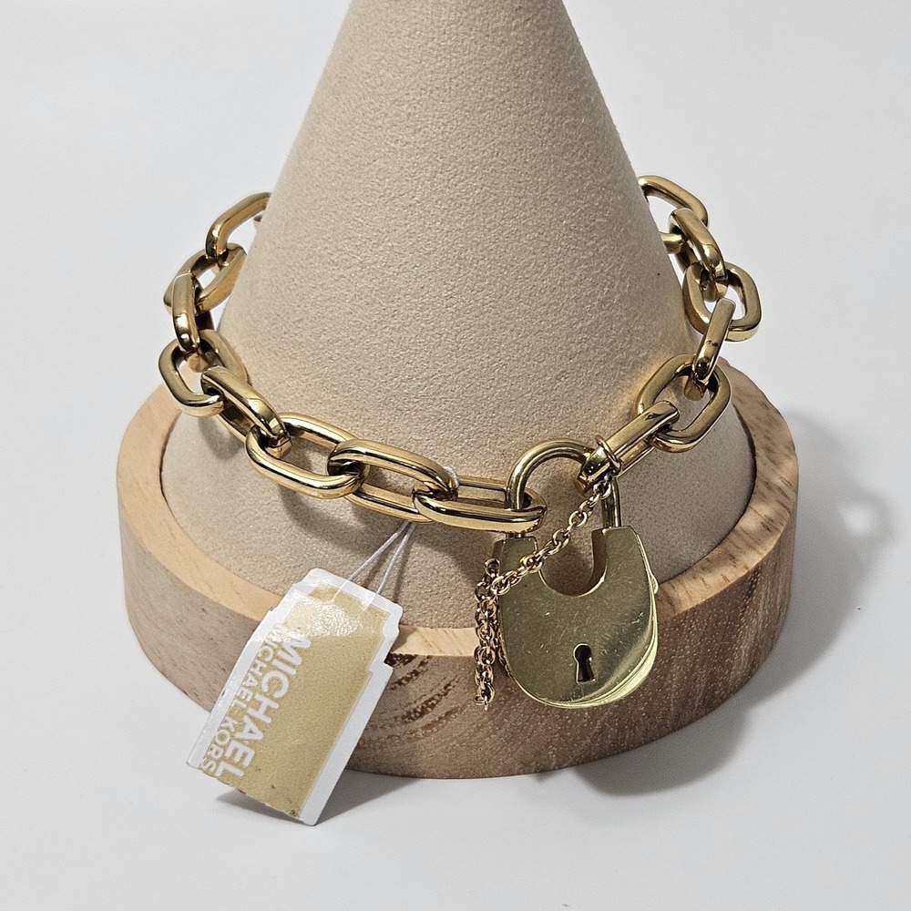 Michael Kors Padlock Chain Bracelet Goldtone 7" Lock Charm